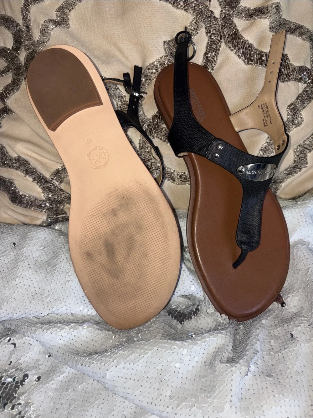 Michael Kors Black Leather Thong Sandals with Brown Footbed